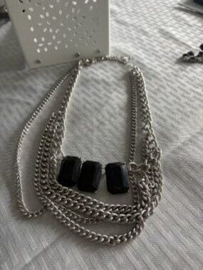 Women’s Multi-Layer Silver Costume Chain with Black Emerald Cut Faux-Jewels